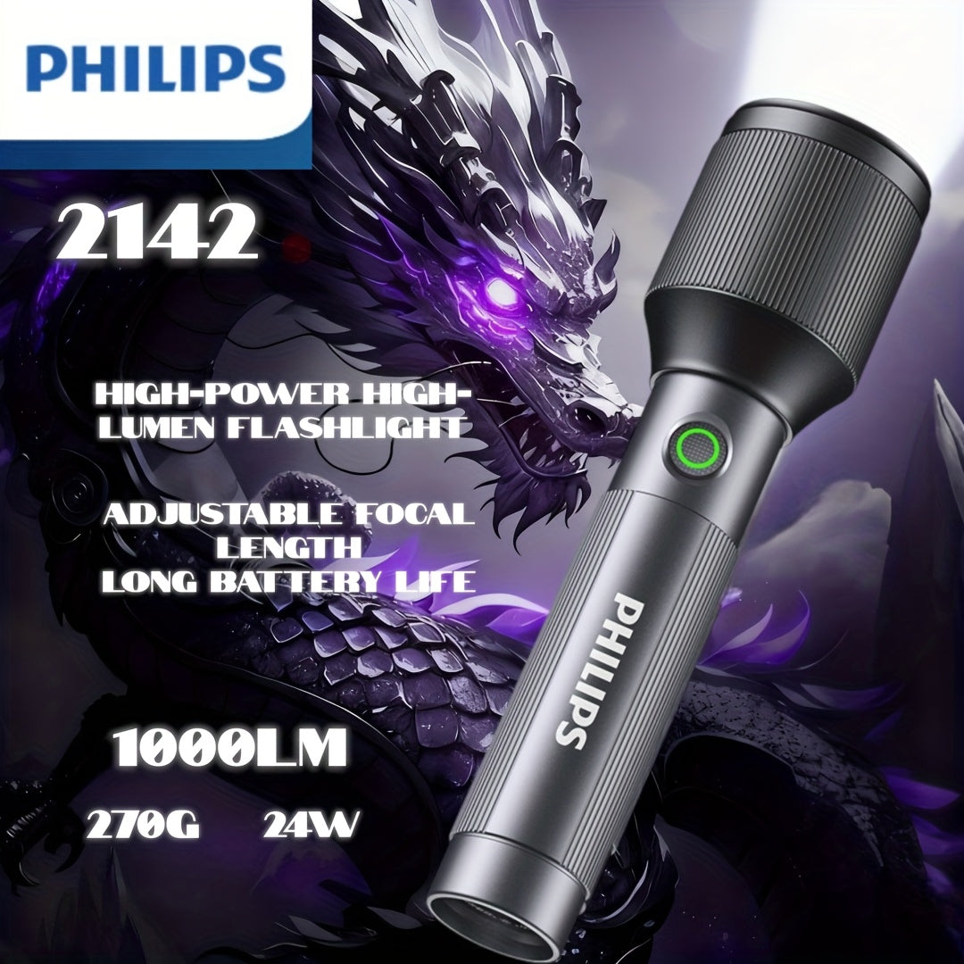 Philips High-Power Zoomable Direct-Charging Flashlight, High-Lumen Tactical Torch, 5 Modes: Strong Light/Weak Light/Strobe/SOS/Brightness Adjustment, Long-Lasting Battery, Ideal for Camping, Daily Use