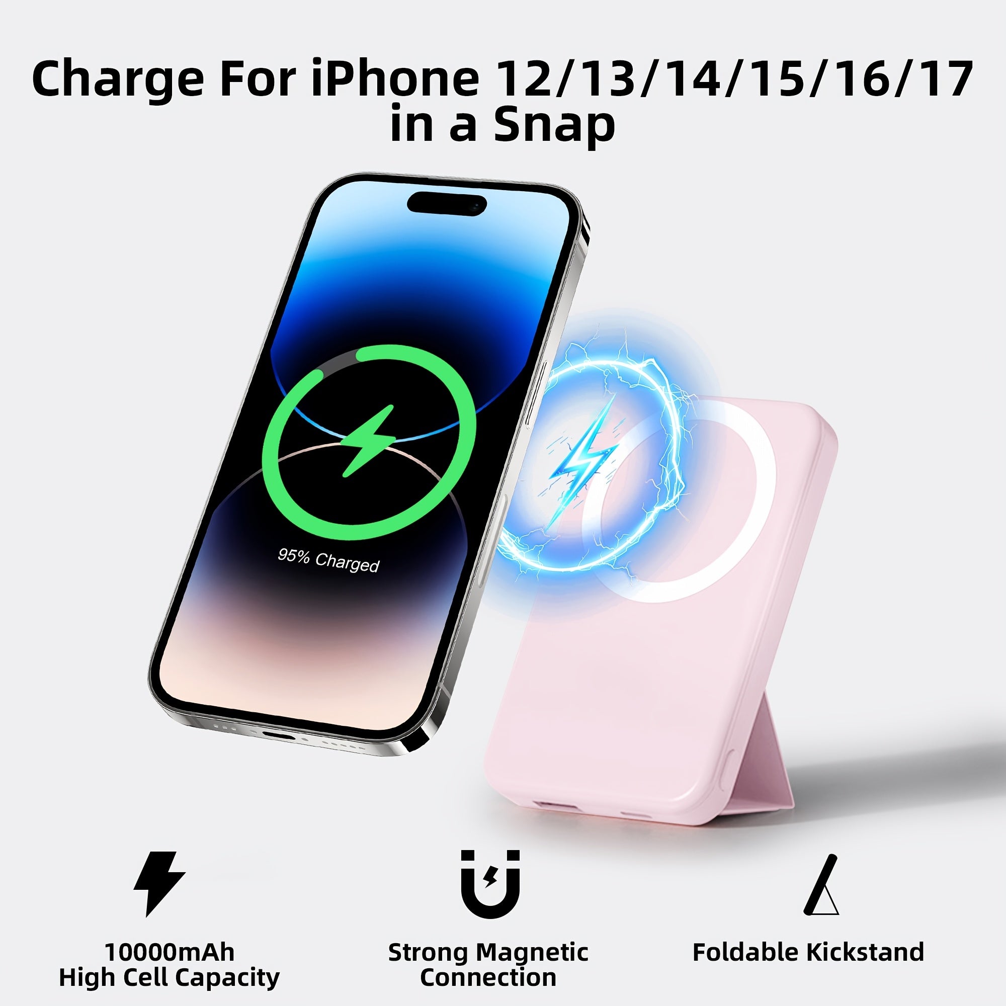 10000mAh Magnetic Stand Power Bank | Portable Ultra-Thin, 22.5W Wireless Fast Charging, USB Type-C, Universal Charger, Designed for iPhone 12-17 Series, Lithium Polymer Battery
