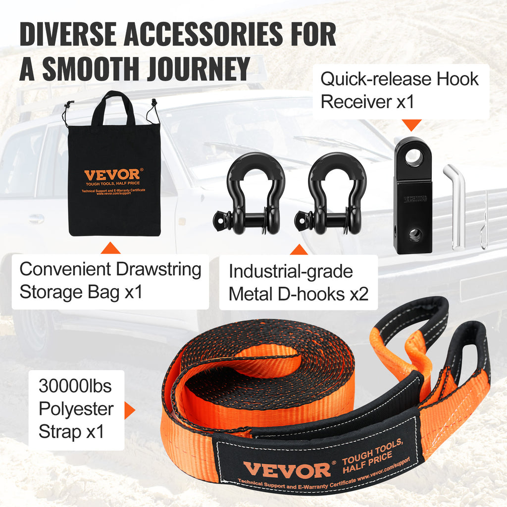 VEVOR Off-Road Recovery Kit, 3in x 30ft, Heavy Duty Winch Recovery Kit with 30,000lb Tow Rope, 44,092lb D-Ring Shackle, Receiver and Storage Bag, for ATV, Jeep, Off-Road Vehicle, Truck