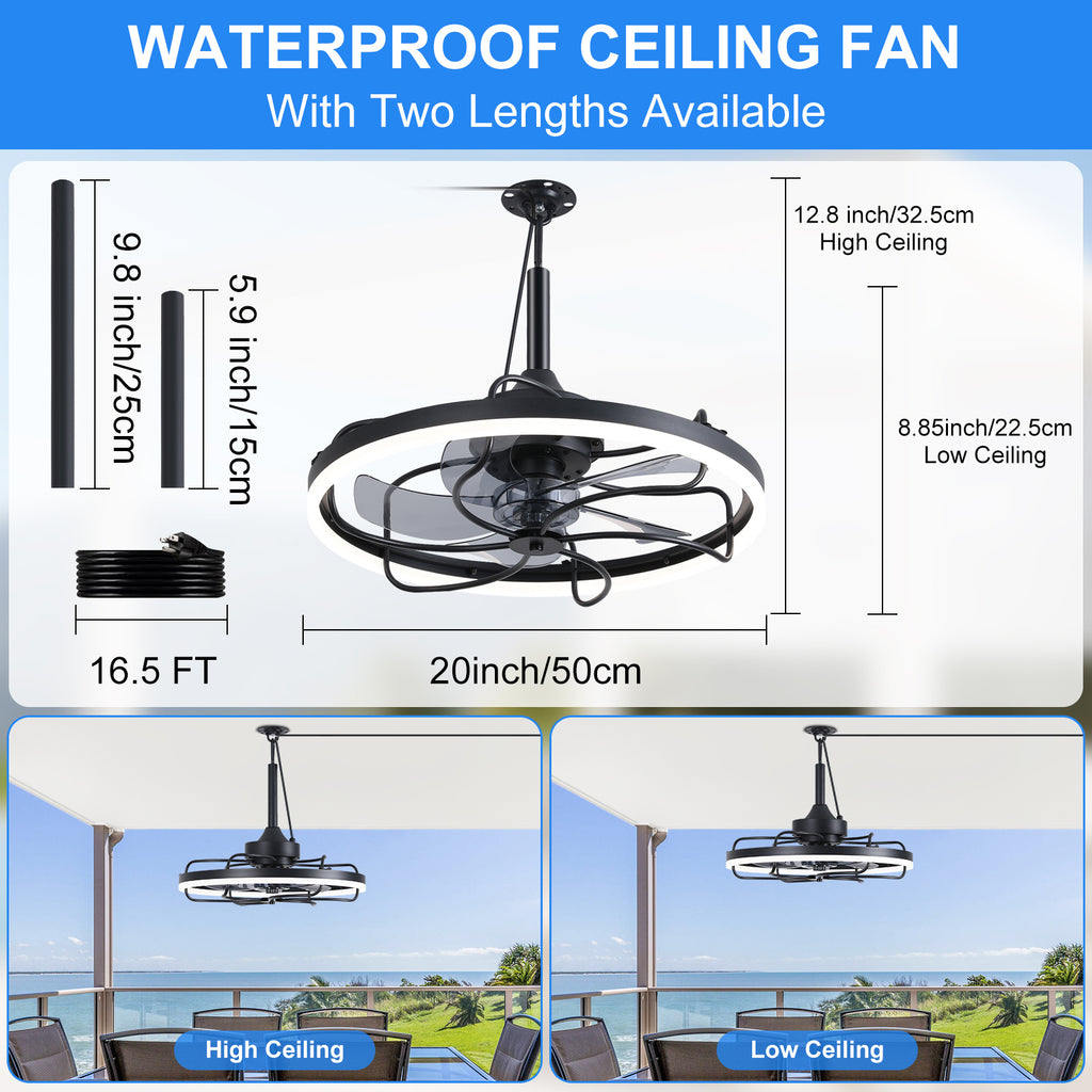 20 Inch Outdoor Ceiling Fan with Light, 6-Speed Dimmable Remote Control Ceiling Fan, Waterproof Reversible Ceiling Fan Light with Hook, Plug-In Caged Ceiling Fan for Porch, Gazebo, Patio, Pergola, Living Room