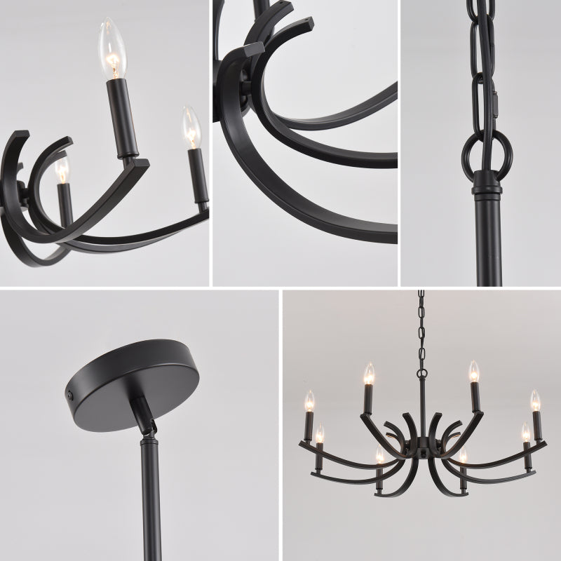 8-light farmhouse style chandelier, black metal branched chandelier, industrial style high ceiling living room dining room foyer lighting fixture, adjustable height - E12 base