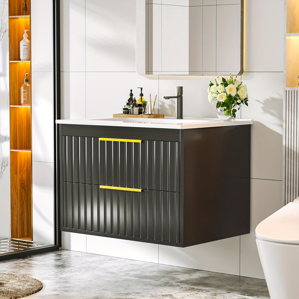 Bathroom Vanity with Sink - Wall Mount Floating Basin Cabinet, Soft-Close 2 Large Drawers, Modern Textured Stripe Design, Hidden Damping Drawers