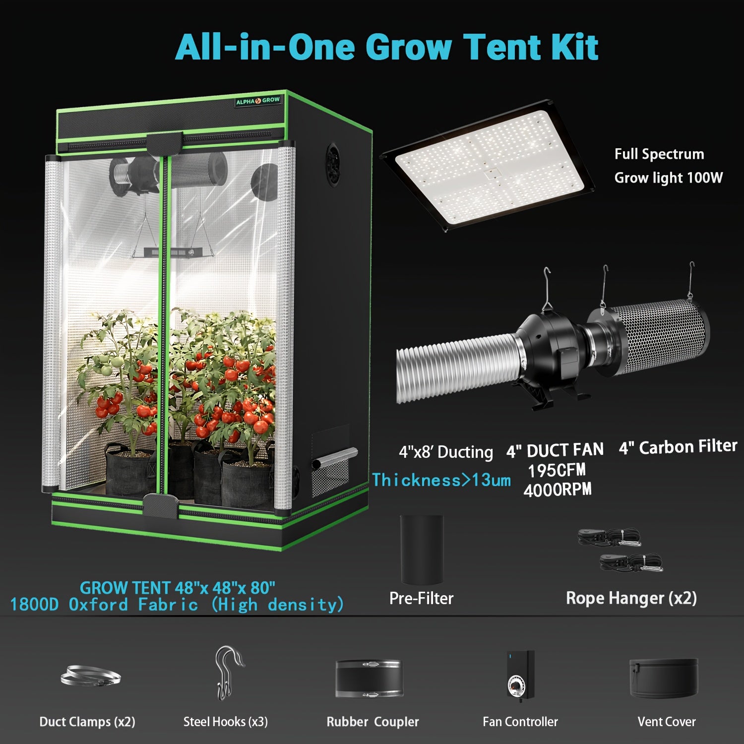Pro 4x2/4x4/2x2 1800D Grow Tent Kit, 48"x24"x60", Complete Hydroponic System Kit for Indoor Plants, 100W Full Spectrum LED Grow Light, 240CFM 6" Inline Fan & Independent Carbon Filter Air Circulation, High-Reflective Mylar Setup