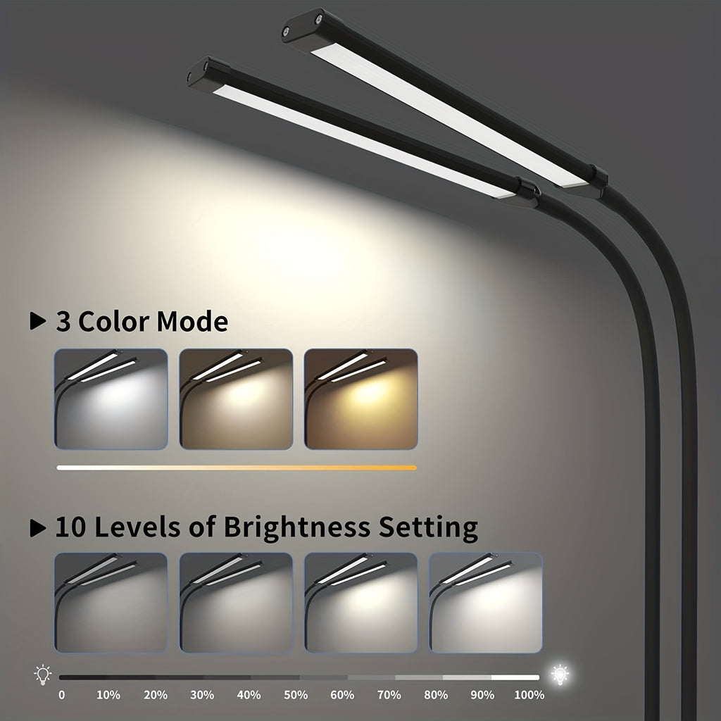 1 modern LED desk lamp, with 2 LED tubes, clip-on design, 3 color modes, 10 brightness levels, dimmable, flexible gooseneck, USB powered, switch control, plastic material, suitable for home office reading and task lighting