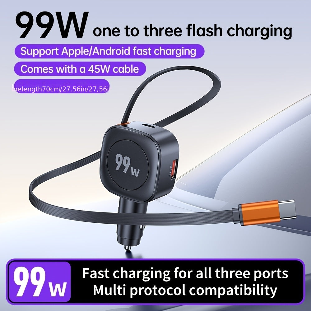99W Car Charger with 45W Retractable Line Fast Charging, Supporting QC3.0, Suitable for 12-24V-vehicle Car Devices Fast Charger.