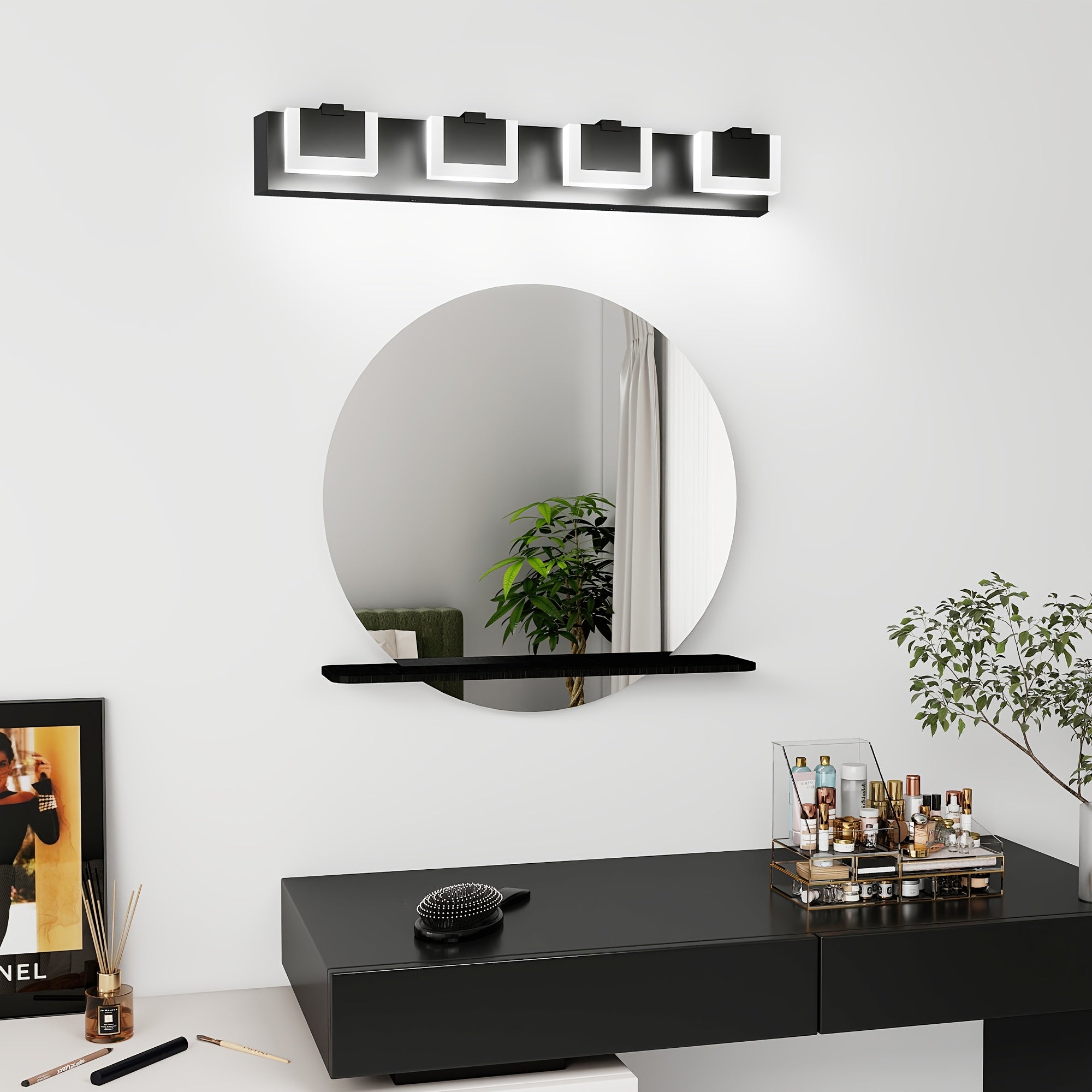 30-Inch 4-Light Bathroom Vanity Light, Elegant Modern Bathroom Wall Light, with LED Light Source and Square PC Material Shade, Wall-Mounted Fixture, Made of Stainless Steel, Dimmable, Suitable for Bathroom, Living Room, Bedroom (Black)
