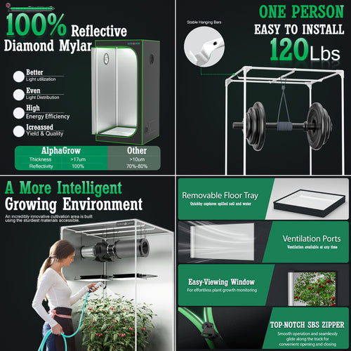 1800D Material 48x24x60 Inch (≈4x2 Ft) Hydroponic Grow Tent, Optional Accessory Kit: 100W Dimmable LED Light, 8ft Ducting, 4"/6" Vents, Optional Standard Independent Fan & Filter Combo or New Integrated Fan-Filter Unit