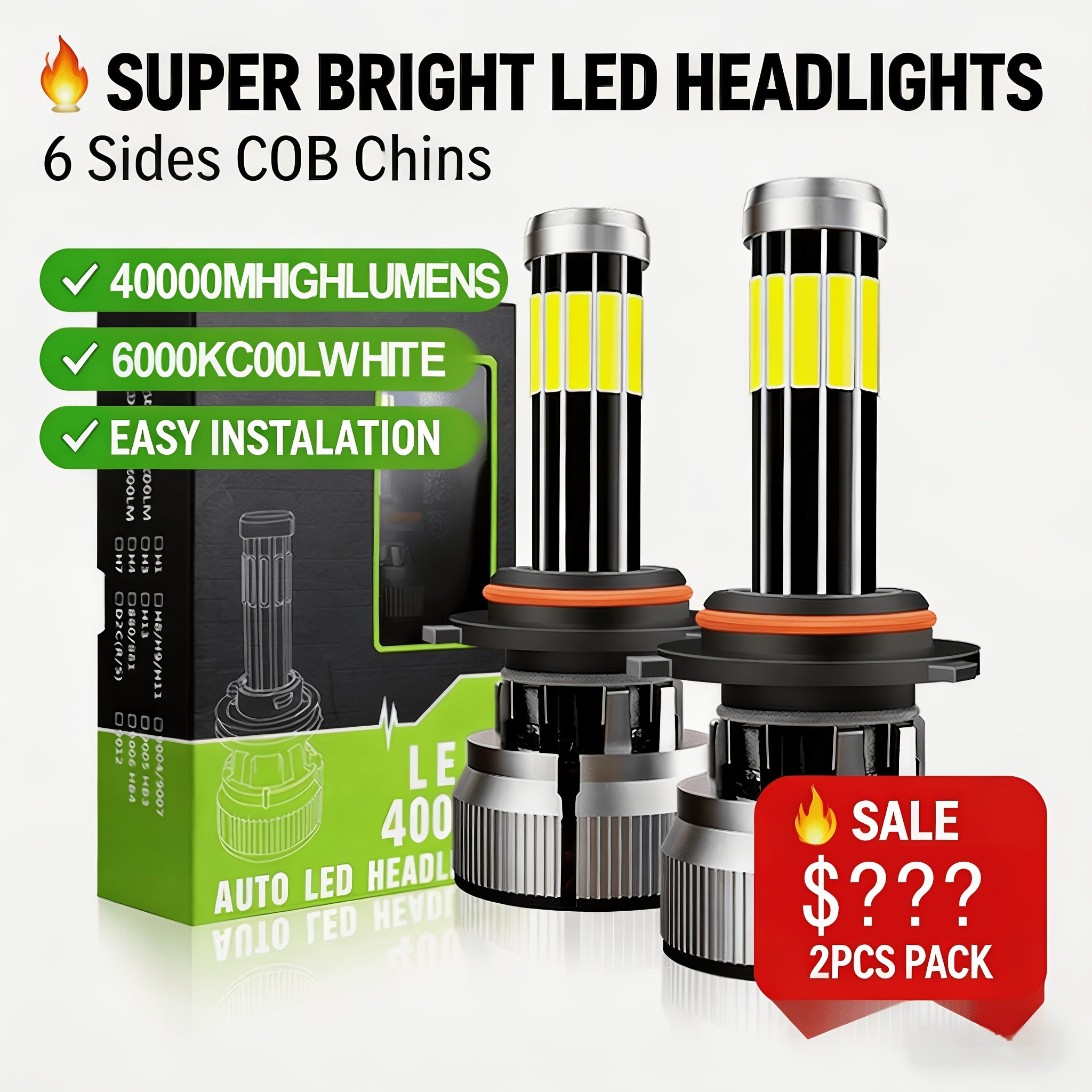 2-Pack 10-Sided 360° Illumination LED Headlights H1 H3 H7 H11/H8/H9 880/881/H27 9005/HB3/H10 9006/HB4 9012 H4/HB2/9003 9004/HB1 9007/HB5 H13/9008 High/Low Beam Integrated Headlights, Error-Free Plug-and-Play