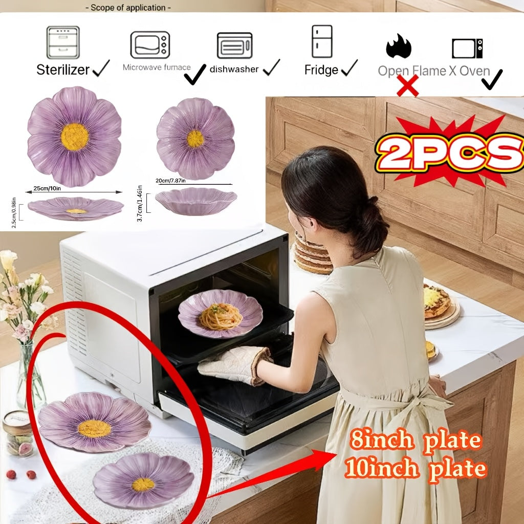 2PCS Set, New Purple Flower Bud Ceramic Dinnerware – Steak Plate, Pasta Plate – Perfect for Restaurant & Home Use – Novel Floral Pattern Plate, Fruit Salad Bowl, Exquisite Personalized Tableware, Fine Kitchen Dinnerware, Gift