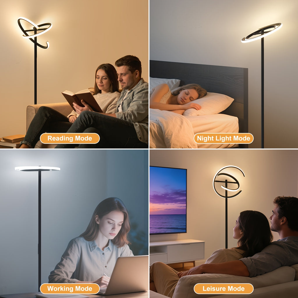 Modern rotatable floor lamp with remote control, dimmable black LED color-changing ambiance lighting, suitable for bedroom and living room, versatile shapes including heart shape, 48W LED floor lamp