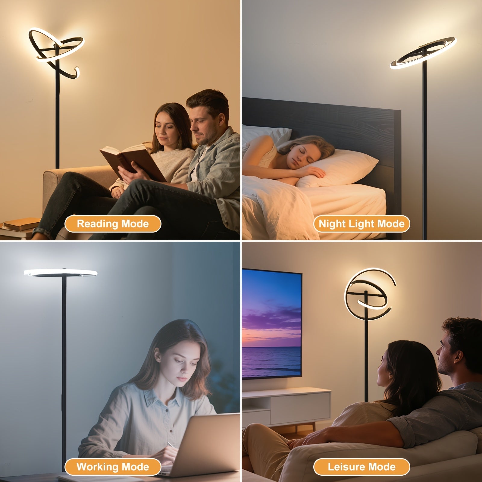 Modern rotatable floor lamp with remote control, dimmable black LED color-changing ambiance lighting, suitable for bedroom and living room, versatile shapes including heart shape, 48W LED floor lamp
