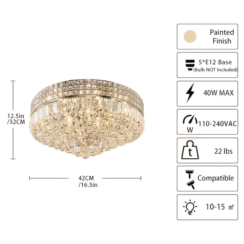 D16.54-Inch Modern Crystal Chandelier, Chrome Lamp Head, Round Raindrop Design, Perfect for Ceilings of Dining Room, Living Room, Bedroom and Bathroom
