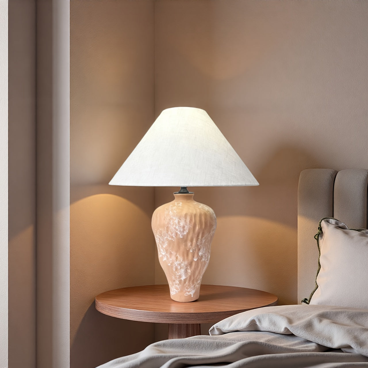 Wabi-sabi style mid-century modern table lamp, with mushroom-shaped lampshade and walnut veneer — controllable bedside lighting, suitable for bedroom, nightstand, minimalist decoration — includes in-line switch bulb (no)