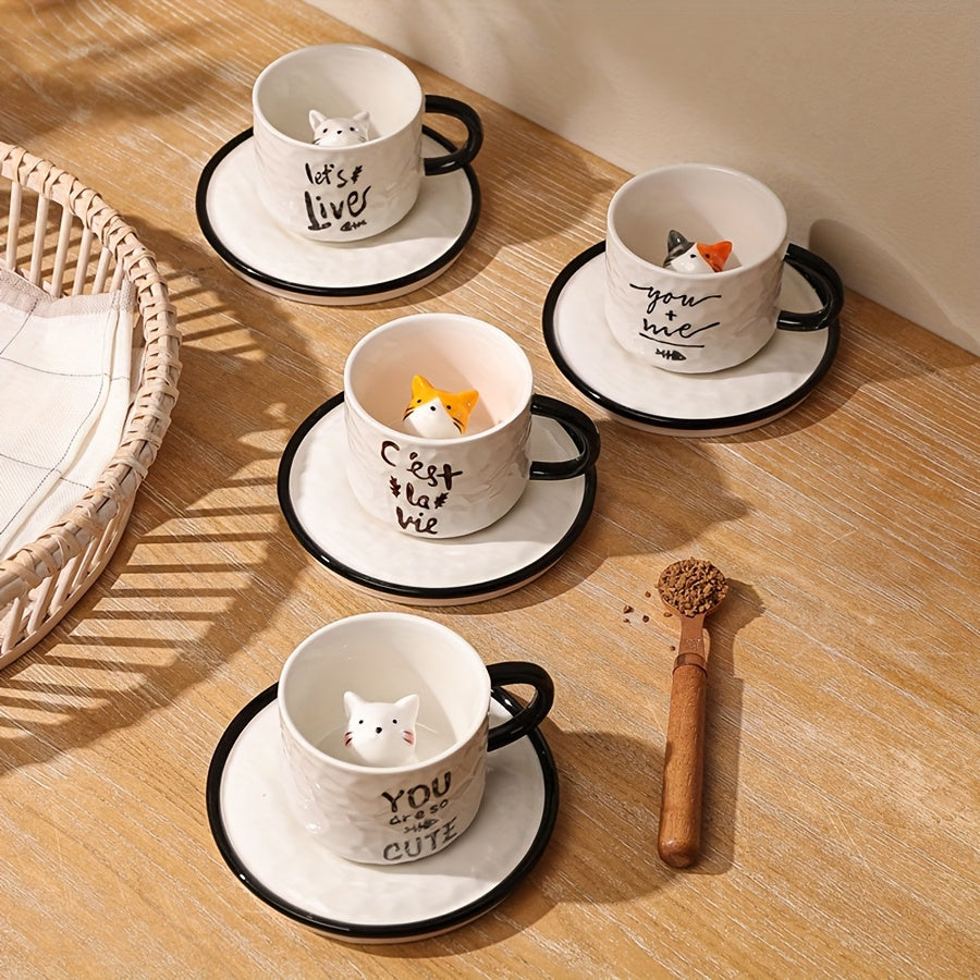 1pc 200ml / 6.7oz Japanese Cute Ceramic Hidden 3D Cat Cup & Saucer, Hand-Painted Under-Glaze Adorable Cat Cup, Breakfast Cup, Afternoon Tea Cup Set, Birthday & Holiday Gift for Cat Lovers
