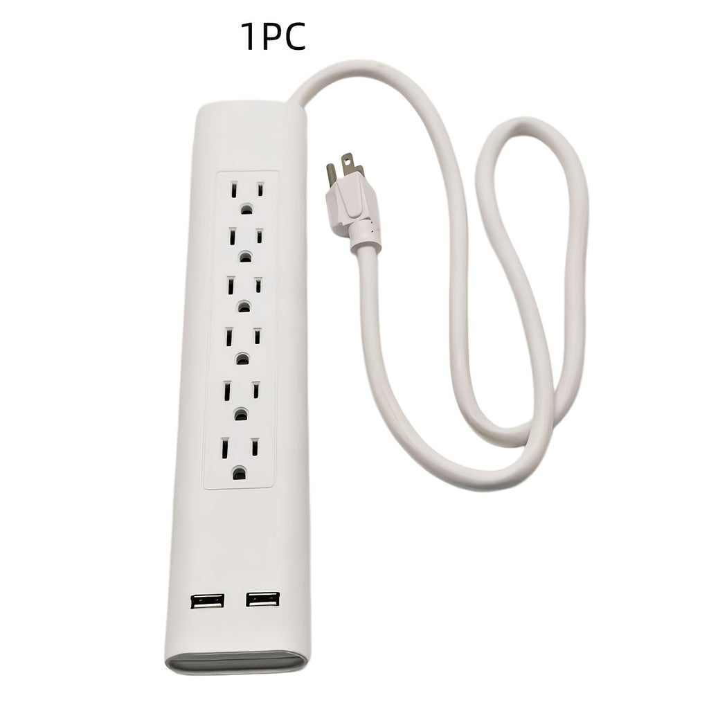 US Standard Six-Outlet Surge Protector with 3ft Cord, Two USB Charging Ports, DC 5V/2.1A Fast Charging, with Switch, 3*14AWG Heavy-Duty Wire, Two Wall-Mounting Holes on the Back, Suitable for Apartments, Homes, and Offices