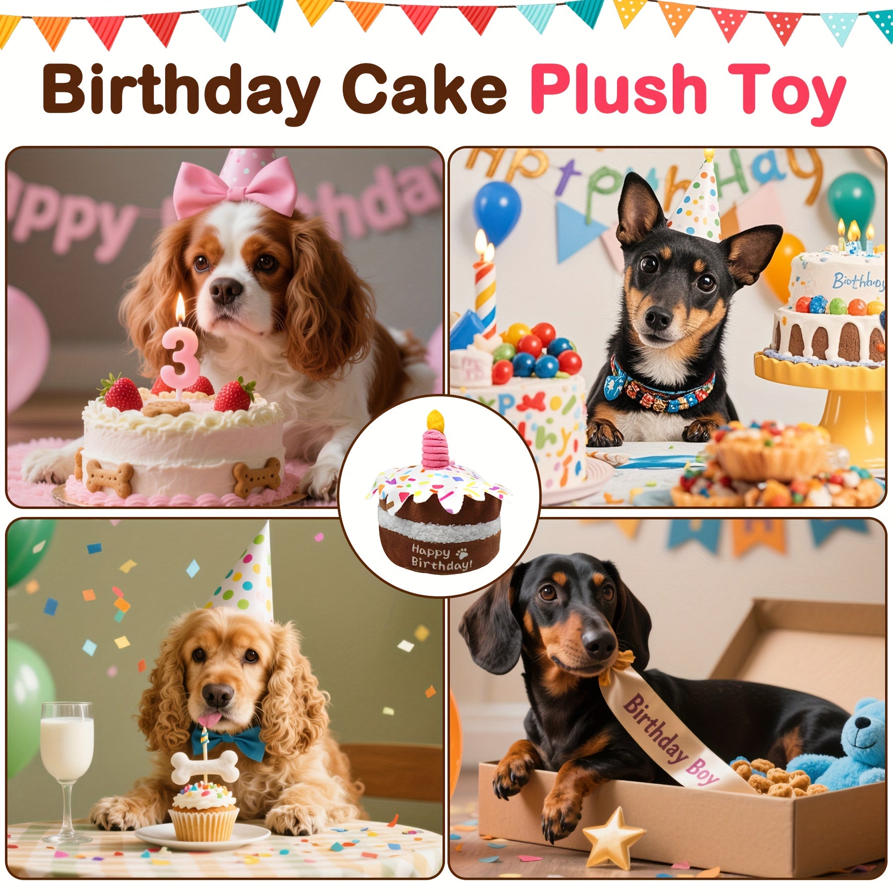 狗狗生日蛋糕玩具，可爱发声毛绒玩具采用柔软耐咬面料，趣味设计适合啃咬与玩耍，是狗狗生日派对、训练与日常娱乐的理想礼物，本地仓发货