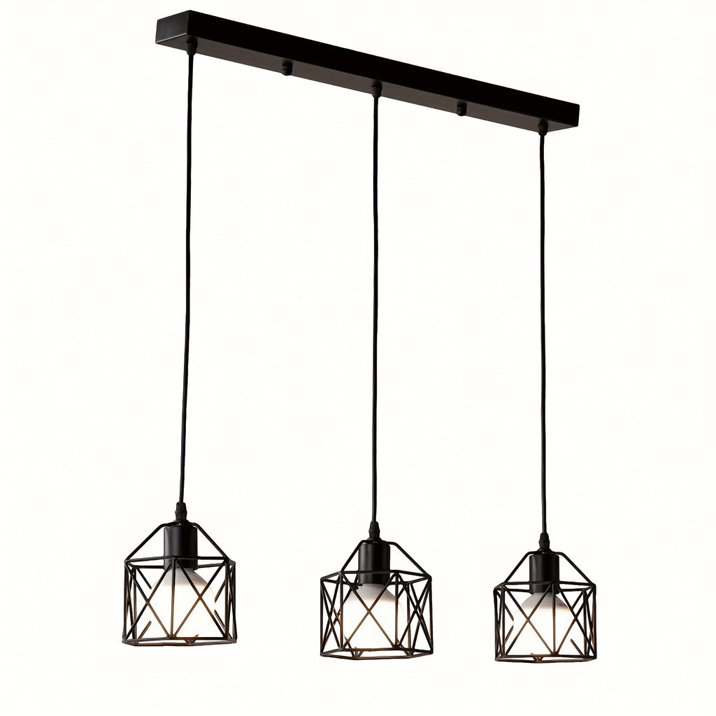 3-Light industrial pendant light, height adjustable up to 43.3 inches chandelier, black metal geometric cage pendant light, ceiling lighting fixture, suitable for dining room, kitchen island, living room or bedroom, restaurant, hotel, home decoration