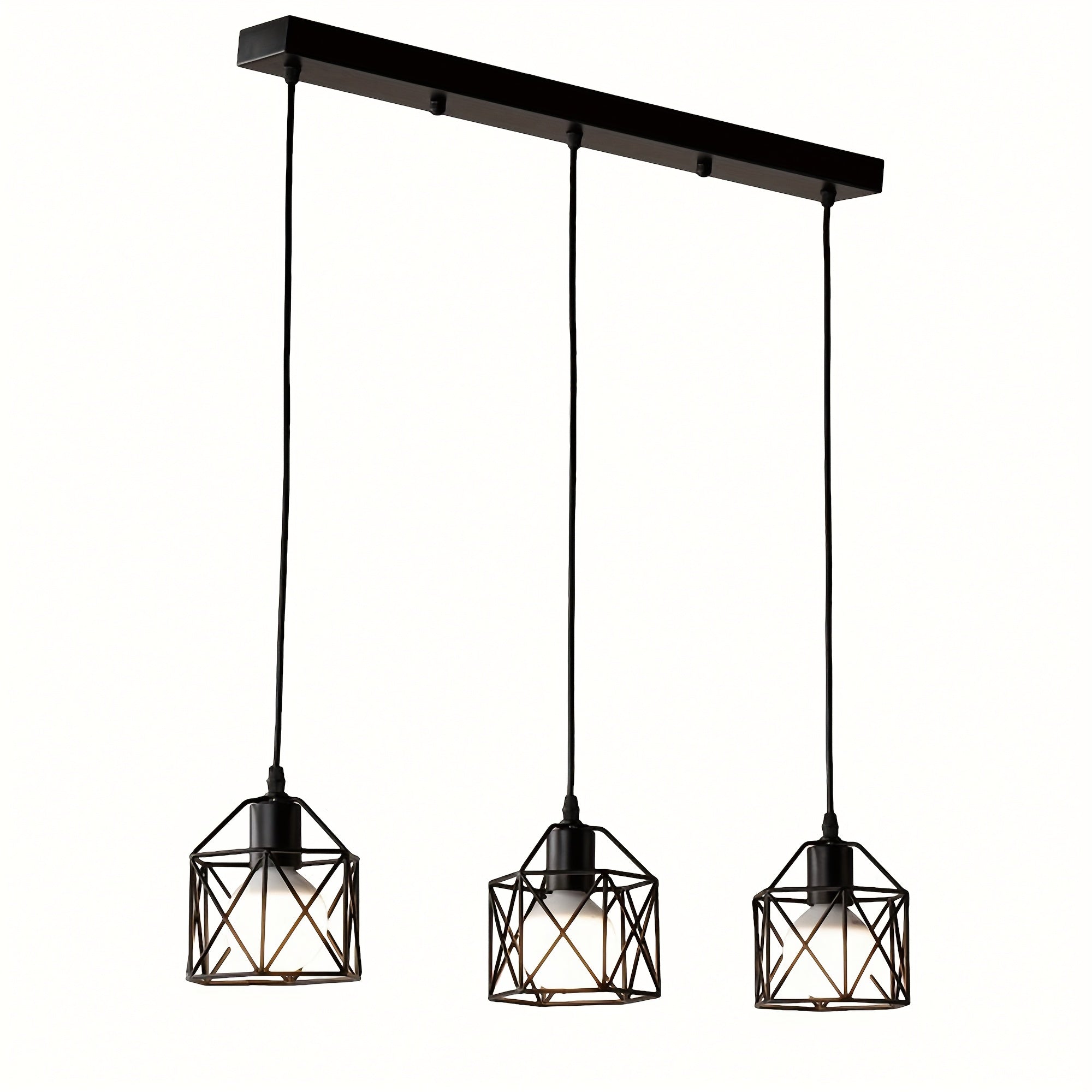 3-Light industrial pendant light, height adjustable up to 43.3 inches chandelier, black metal geometric cage pendant light, ceiling lighting fixture, suitable for dining room, kitchen island, living room or bedroom, restaurant, hotel, home decoration