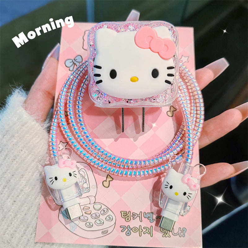 Sanrio Collaboration Hello Kitty Glitter Charging Case Set, Includes a 20W USB-C Fast Charger for Apple, Anti-Bend Protective Case, Suitable for Car/Home/Travel, Tangle-Free And Non-Slip Transparent Silicone Cable Organizer, Adorned with a Cute Bow