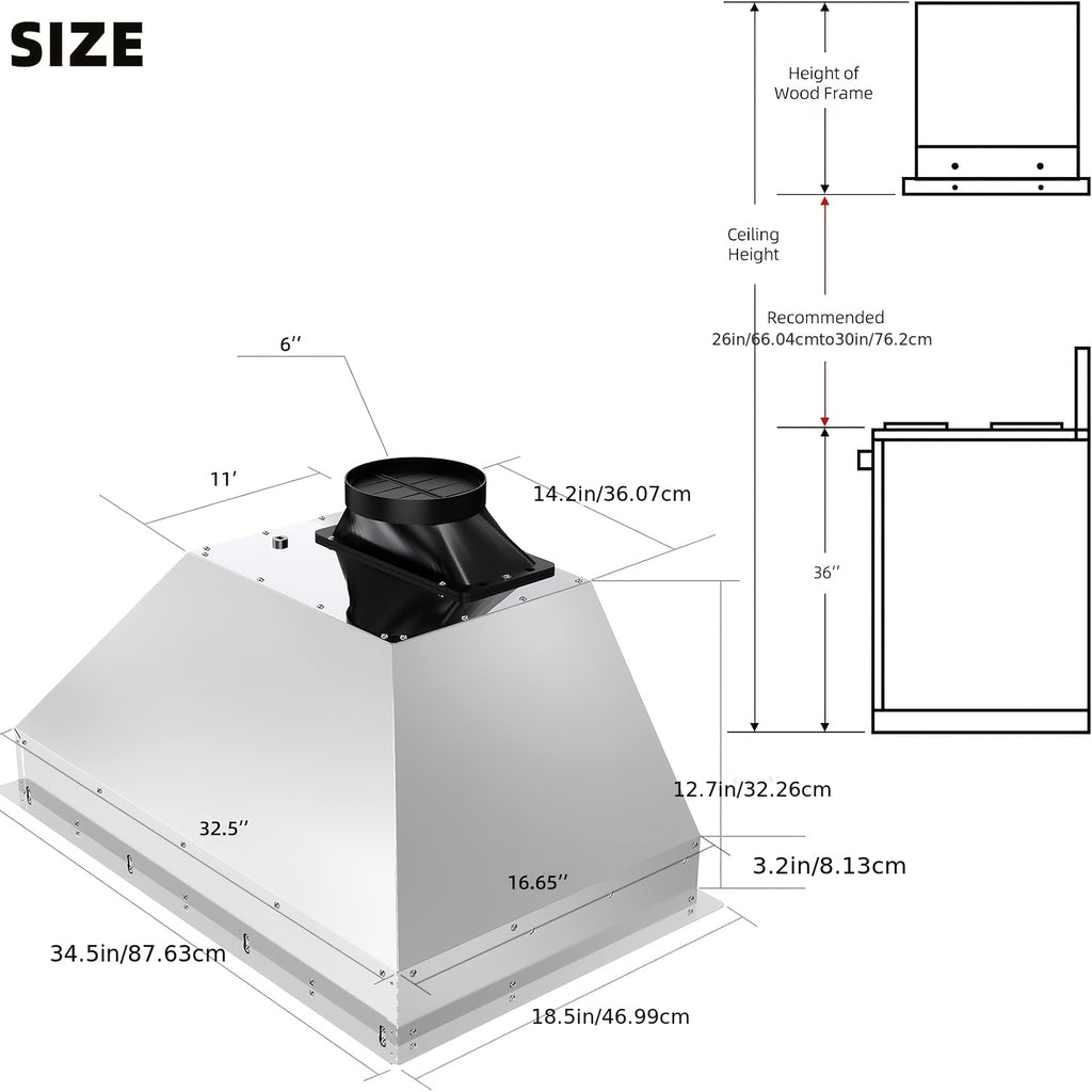 Built-In Range Hood with Voice/Gesture/Touch Control, 900 CFM Airflow, 4-Speed Exhaust Fan, Memory Mode, Adjustable Lighting, Convertible Ducted/Ductless Installation