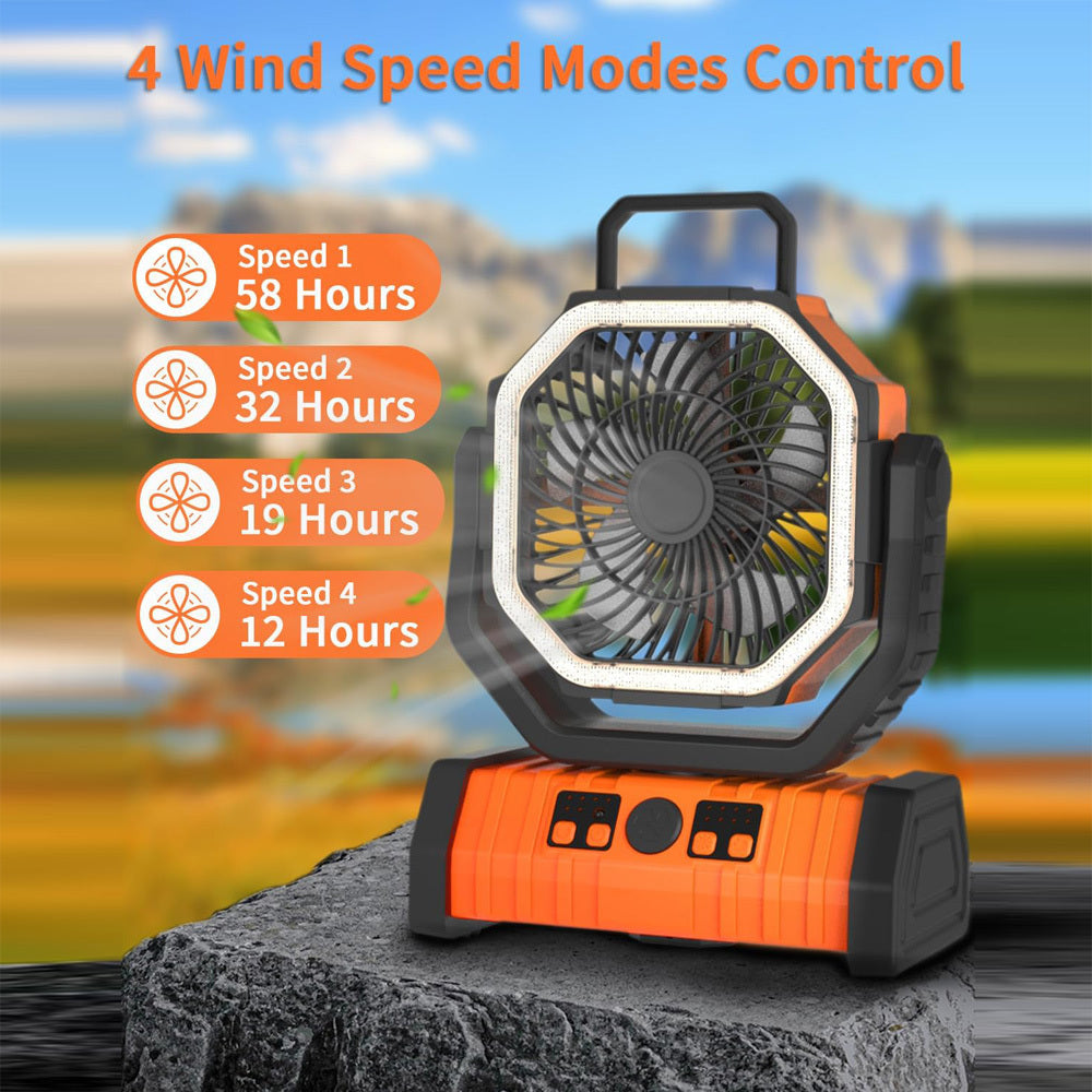 Camping Fan with LED Tent Light, Portable Outdoor Fan with Remote Control, 4 Speeds, 3 Light Modes, 20000mAh Rechargeable Battery, USB Charging, 360° Rotatable Hook for Tent Camping Travel