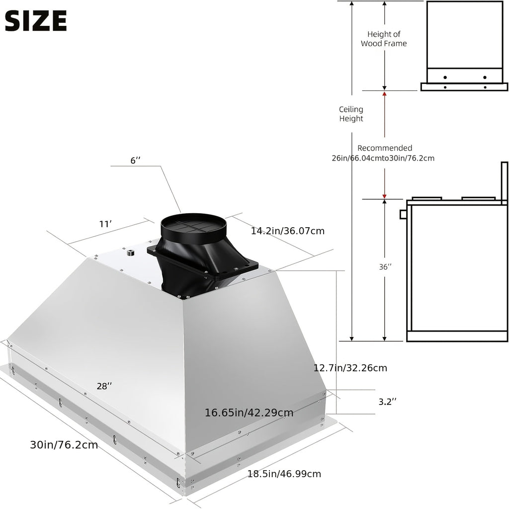 Built-In Range Hood with Voice/Gesture/Touch Control, 900 CFM Airflow, 4-Speed Exhaust Fan, Memory Mode, Adjustable Lighting, Convertible Ducted/Ductless Installation