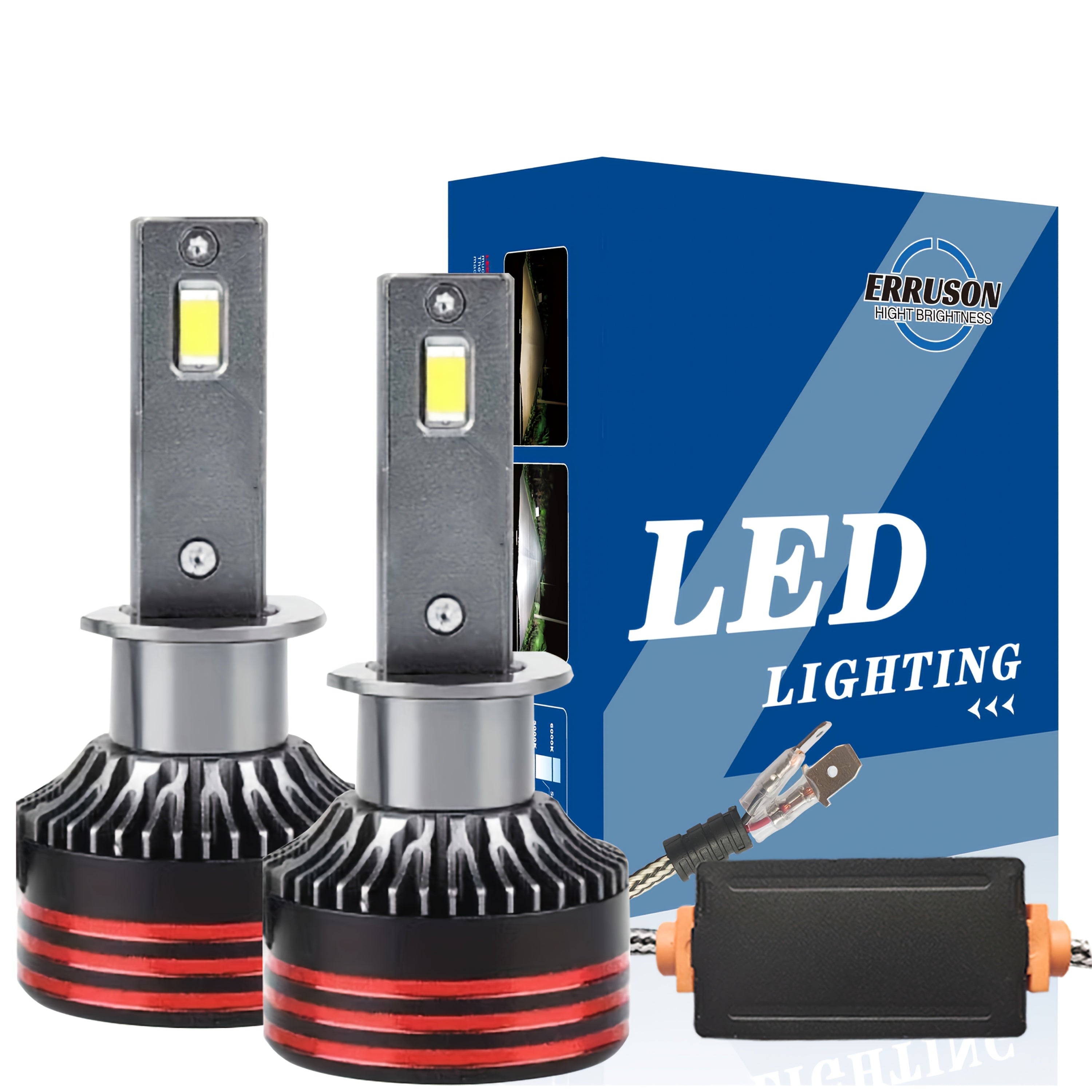 Erruson 2-Pack Upgraded 9005/HB3 9006/HB4 H7 H11 H4 H1 LED Headlight Bulbs High/Low Beam Integrated 50000 Lumens 500% Brightness Increase 6000K Color Temperature Plug-and-Play Cooling Fan
