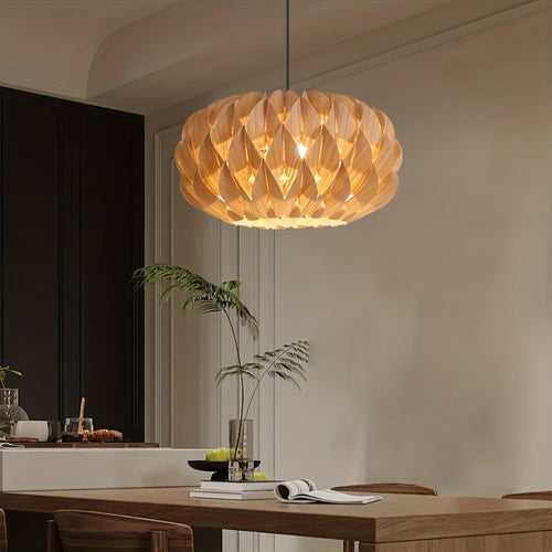 15.75 Inch Wooden Pendant Light, Suitable for Hotel, Bedroom, Dining Room - E27 Bulb Compatible Ceiling Light, Wood/Veneer Material, Elegant Design Fan Compatible Ceiling Mount (Lampshade Only)