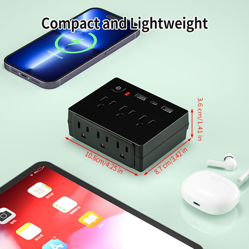 Black US-spec Power Outlet With 6 AC Outputs Plus 2 USB-A And 1 USB-C Ports, Featuring A Compact, Mini, And Portable Design. It Comes With Overload Protection, A Power-off Switch, Safeguard Mechanisms, And Is A 9-in-1 Multifunctional Power Strip