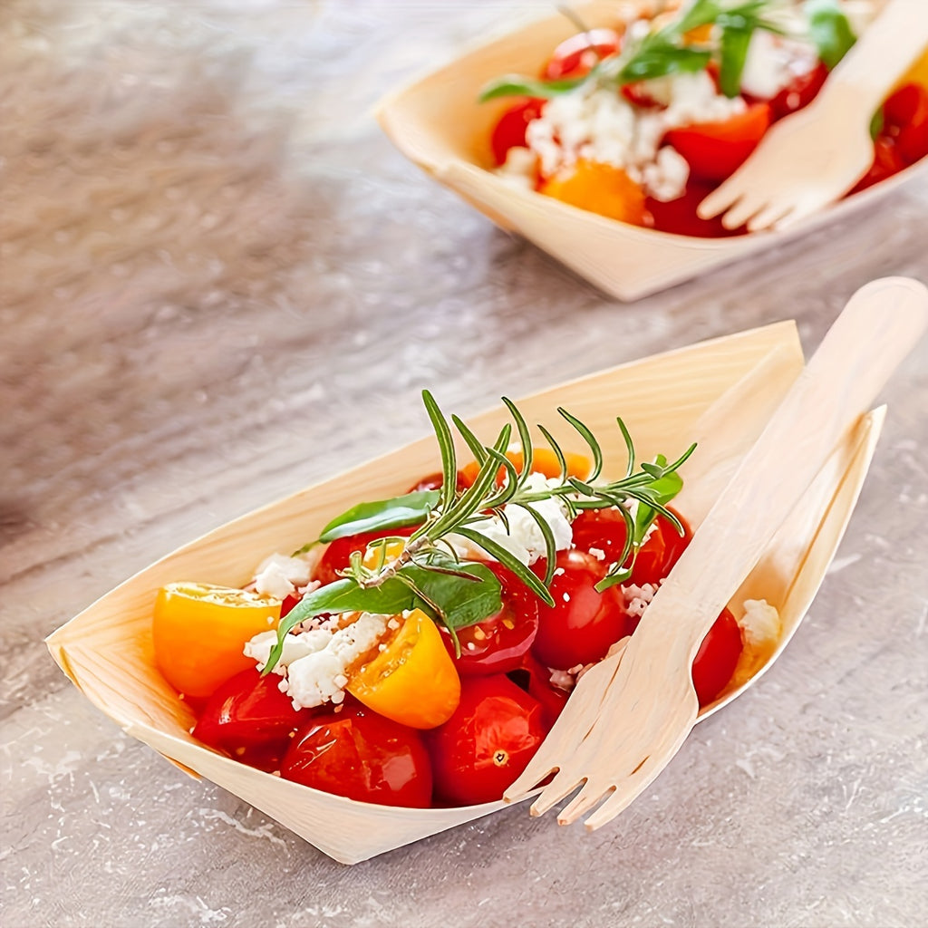 50 Disposable Wooden Plates, Picnic & Camping Food Box, Wooden Boat Sauce Dish – Stronger Than Bamboo, Bowls for Parties, Restaurants, Catering