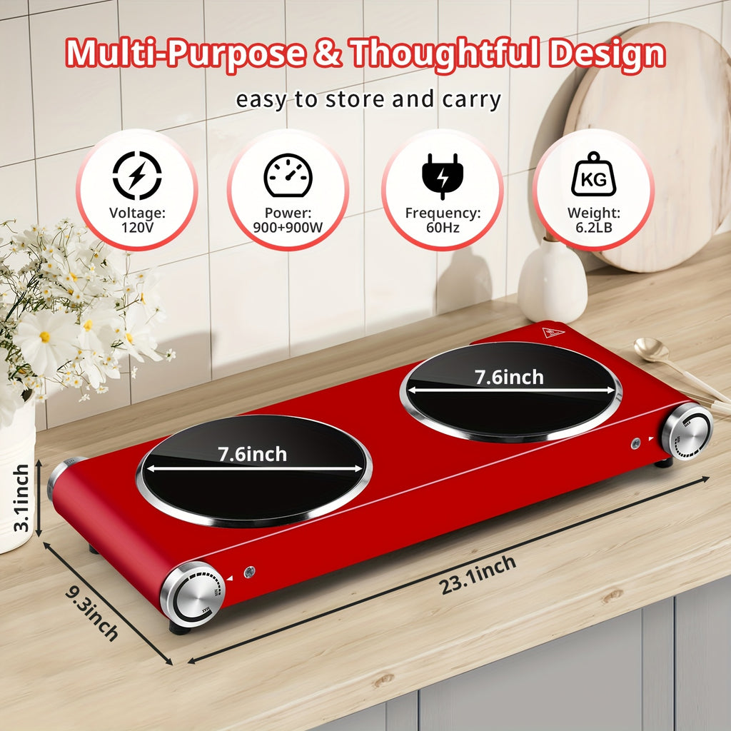 Tech 900W+900W Infrared Electric Hot Plate with Adjustable Temperature Control, Easy-Clean Surface & Power Indicator Light