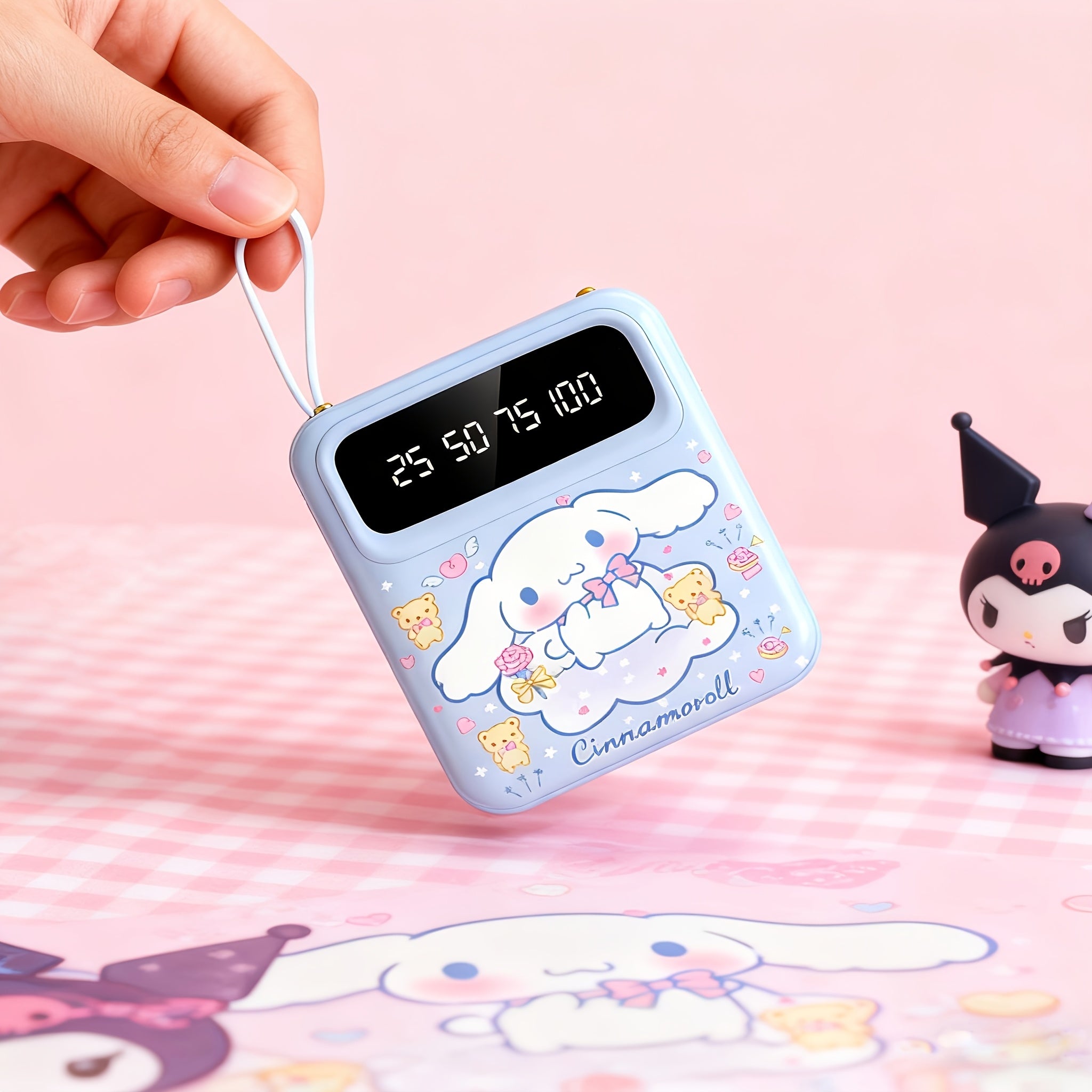 Sanrio Cinnamoroll Small Portable Power Bank, Pocket-Sized Emergency Power For Travel, Lightweight Design, Travel Essentials, Cartoon Print Charging Device, Fits Purse Portable Charger, 4 Built-in Cable And LED Lights, For Mobile Phone