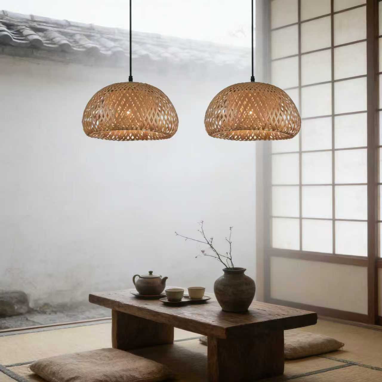 Two-pack, bamboo pendant light, 1 bohemian round basket pendant light hand-woven pendant light, natural bamboo rattan hanging pendant light, suitable for kitchen island, dining room, living room, porch.