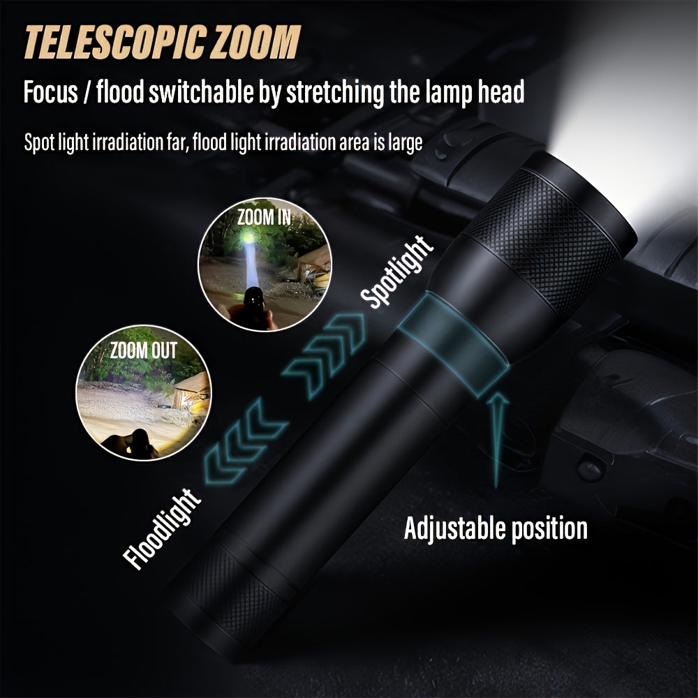 2PCS Handheld Portable Aluminum Alloy LED Flashlight, USB Rechargeable Outdoor Searchlight, Telescopic Zoom Camping Light, Suitable for Camping, Outdoor, Hiking and Work