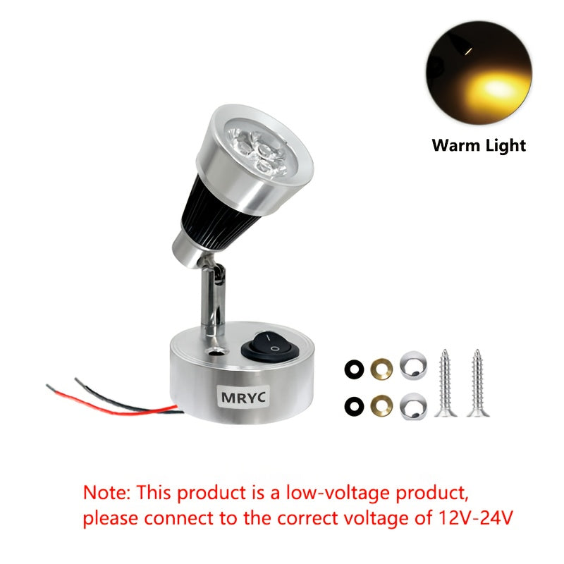 1pc RV indoor lighting light rotatable LED reading light spotlight, with push button switch, 3W bedside reading lamp, suitable for camper van, trailer, station wagon, marine yacht indoor lighting, DC12-24V