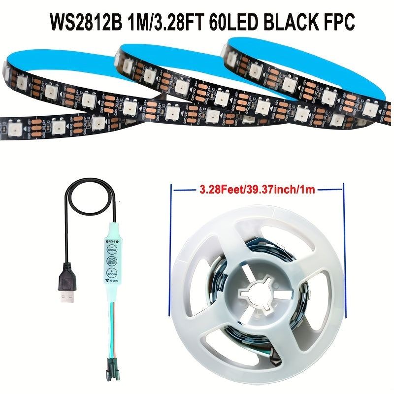 AOEVK 16.4Ft 智慧型 LED 燈條 5050 RGB+IC，具追蹤效果 - WS2812B 可獨立識別，USB 5V 每公尺 60 LED，電視背光燈 (適用於 50-85 吋螢幕)，適用於居家和牆面裝飾、萬聖節、聖誕節