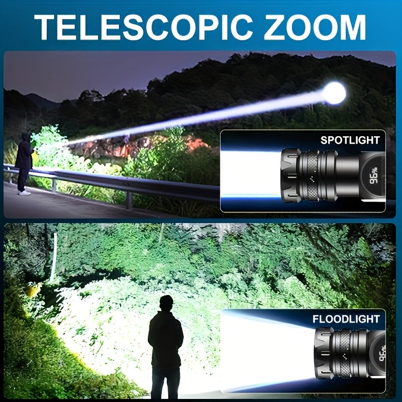 Super Bright USB Rechargeable LED Flashlight, Magnetic Base, 5 Lighting Modes, Digital Display, Type-C Fast Charging, Perfect for Outdoor Activities, Emergencies and Camping