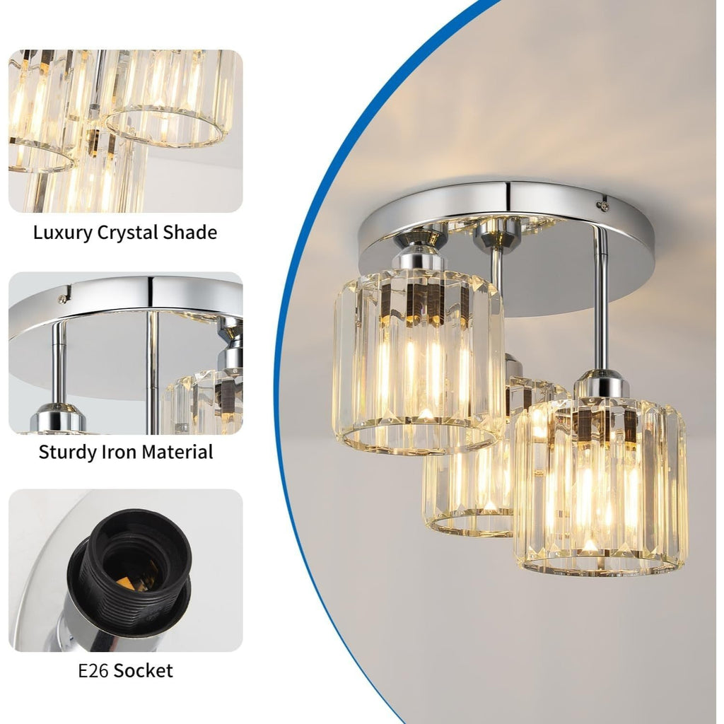 Modern Semi-Flush Mount Ceiling Light, Crystal 3-Head Kitchen Light, Hallway Pendant Light, Indoor Flush Mount Light, Suitable for Bedroom, Foyer, Entryway, Kitchen