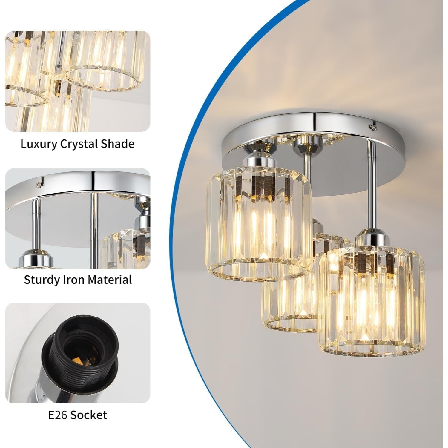 Modern Semi-Flush Mount Ceiling Light, Crystal 3-Head Kitchen Light, Hallway Pendant Light, Indoor Flush Mount Light, Suitable for Bedroom, Foyer, Entryway, Kitchen