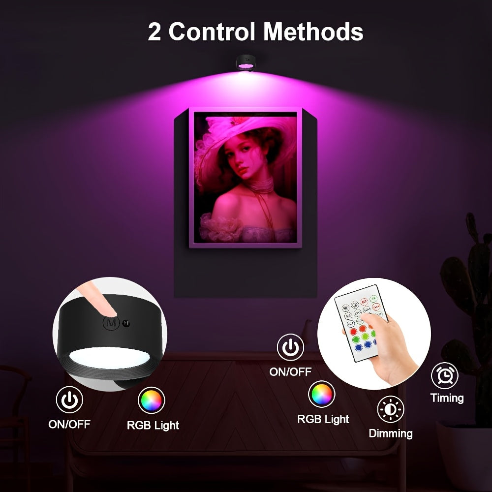 GVTCO Indoor Rechargeable LED Wall Light Multi-Color RGBW Wall Art Light, Portable Cordless LED Light, Dimmable with Remote Control Wall Light, 360° Rotation, USB Charging, 1200mAh, Wireless and Wall-Mounted