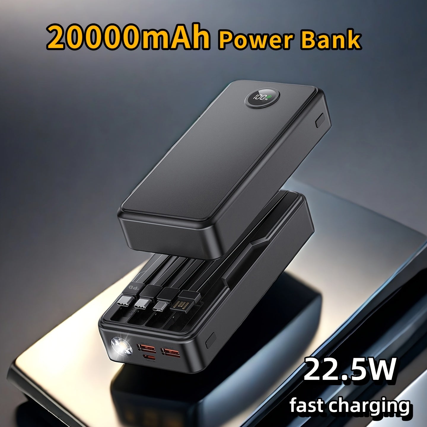 20000mAh Power Bank with 4 Built-in Cables, Travel Essential Portable Charger, 22.5W Fast Charging Battery Charger, USB-C Input/Output, 6 Output 2 Input Cell Phone Battery Pack, Smart Display Strong Light Travel Battery Pack for iPhone 16/15/14/13
