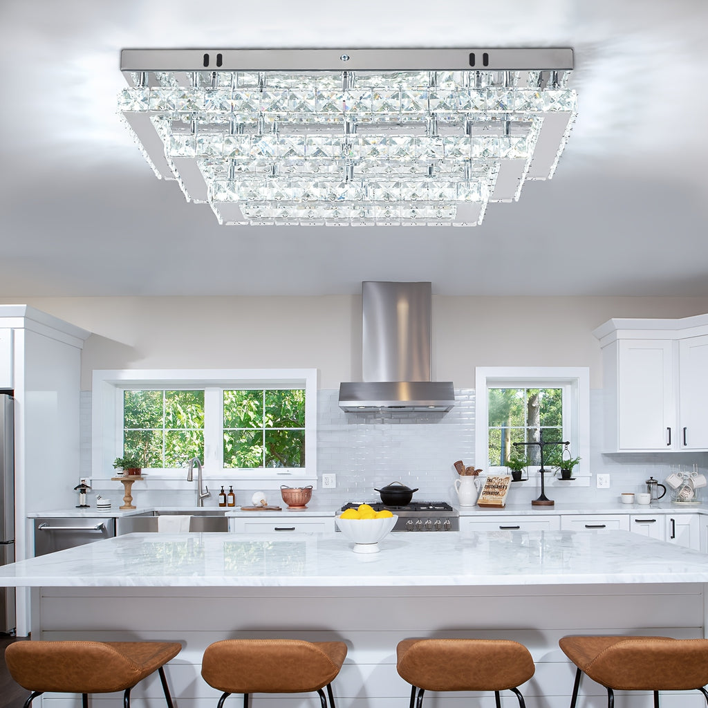 Modern Crystal LED Ceiling Light 20-Inch Rectangular Recessed Pendant Light Stainless Steel 3-Layer Ceiling Light Suitable for Living Room and Dining Room (6500K Cool White Light)