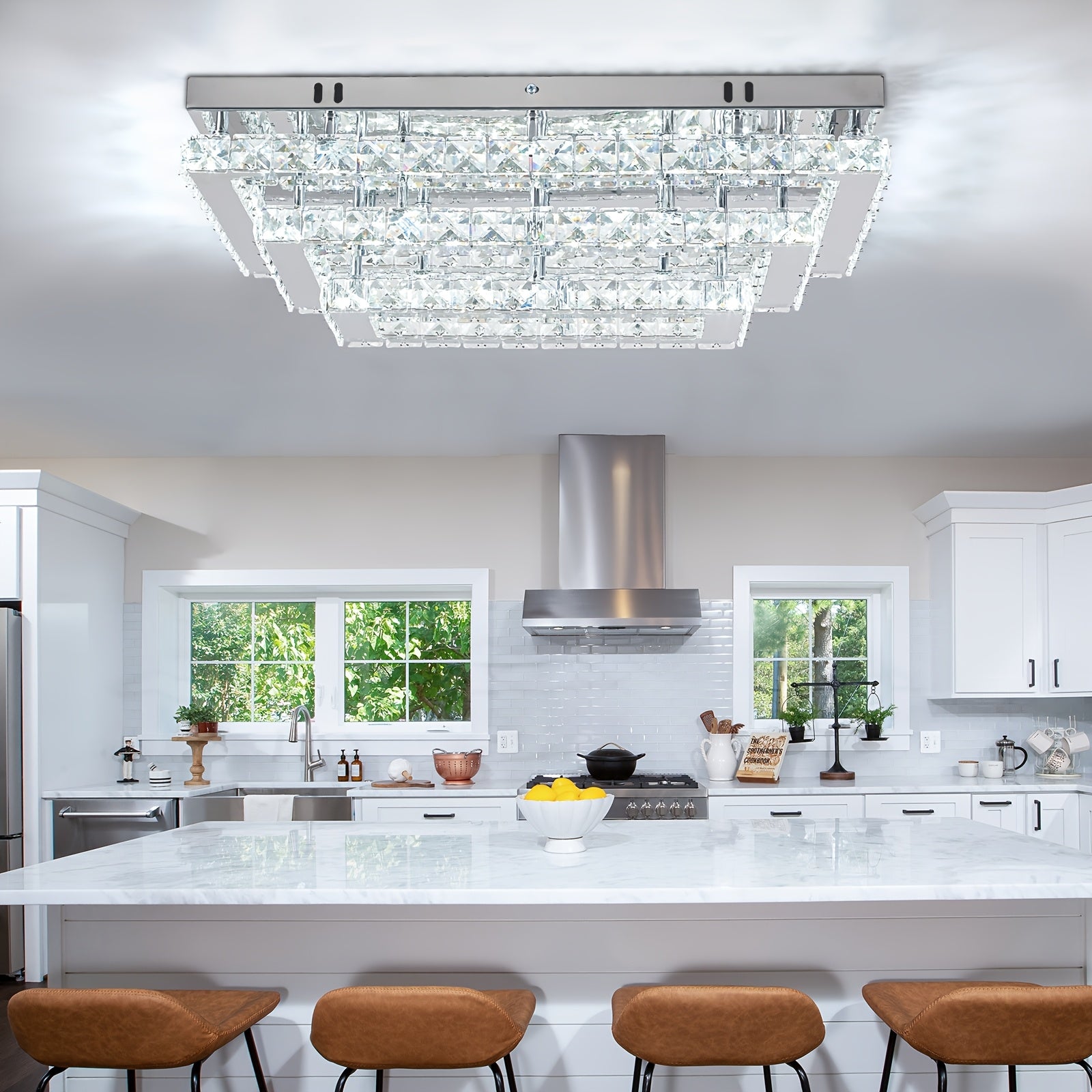 Modern Crystal LED Ceiling Light 20-Inch Rectangular Recessed Pendant Light Stainless Steel 3-Layer Ceiling Light Suitable for Living Room and Dining Room (6500K Cool White Light)