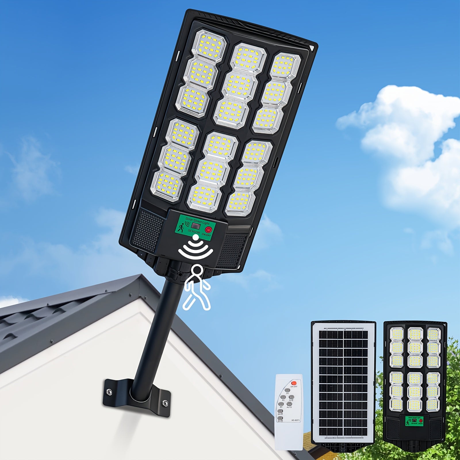 Super Bright LED Solar Street Light, Outdoor Waterproof Parking Lot Light, Garden Solar Lighting (Dusk to Dawn), Wide Angle Motion Sensor and Remote Control, Perfect for Garden, Patio and Road Lighting