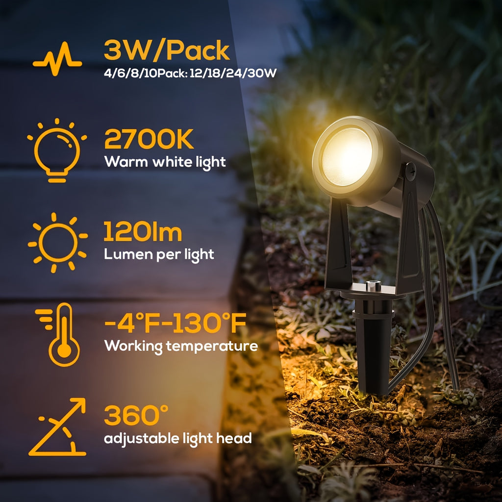 Outdoor landscape lighting low voltage LED spotlight, available in 4, 6, 8 or 10-pack, with transformer, exquisite design, warm white light color temperature 2700K, very suitable for courtyards, gardens and lawns