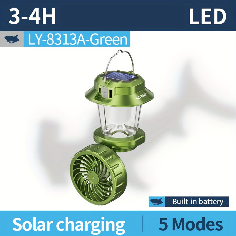 1 Smiling Shark Rechargeable Fan Light - Type-C Solar Charging, 5 Modes LED Flashlight & Cooling Fan, Built-in Lithium Battery, Portable Camping Lantern, Ideal for Tent, Outdoor, Hiking, Emergency (Power Supply)