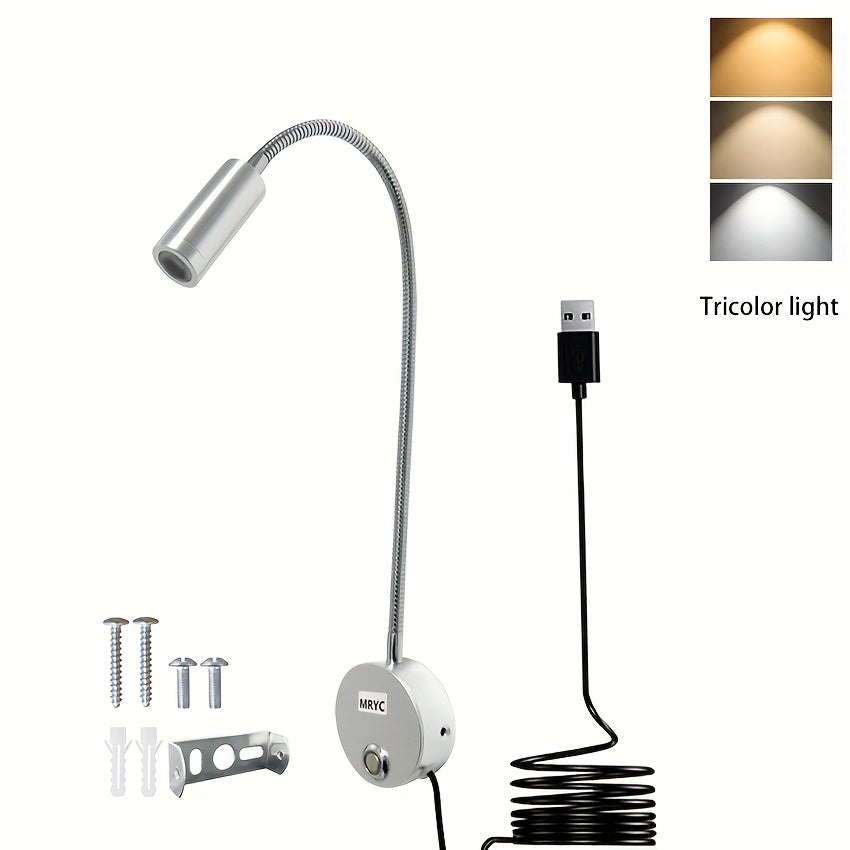 Reading light spotlight, wall-mounted lamp with flexible gooseneck, touch dimmable switch, three color modes, bedside night light suitable for bed, headboard, desk