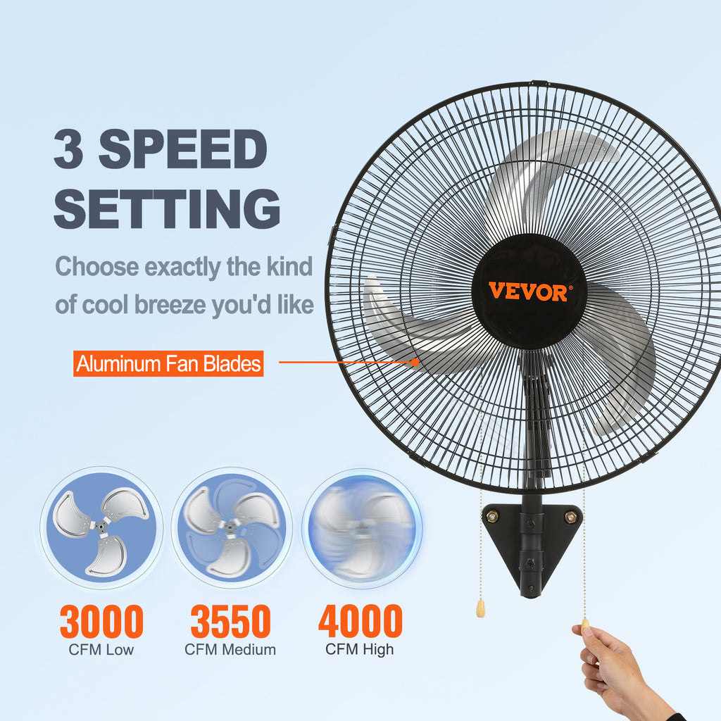VEVOR Wall Mount Fan, 1/2 Pack, 18 Inch Oscillating, 3 Speed Settings, Max 4000 CFM, Industrial Indoor Fan, Ideal for Commercial, Residential, Warehouse, Greenhouse, Workshop, Basement, Garage, Black