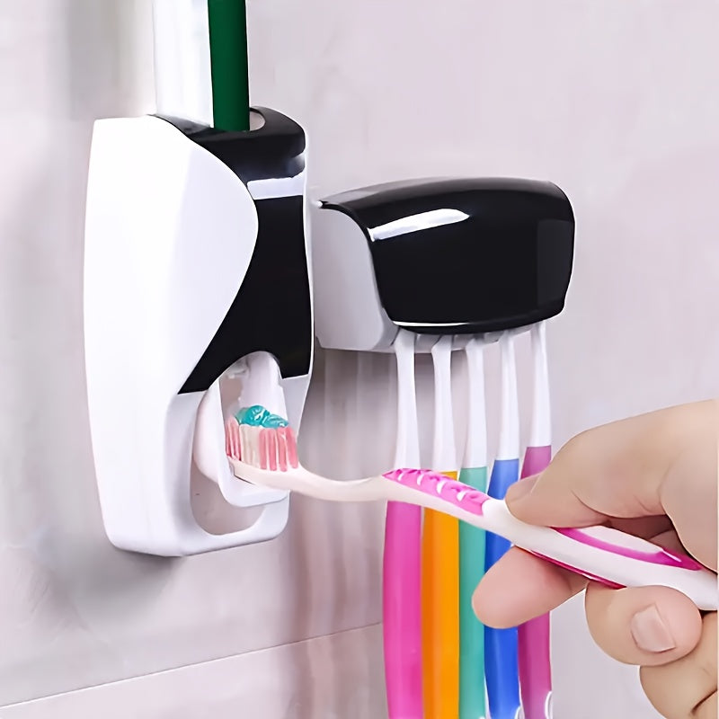 [5-Slot No-Drill] Toothbrush Holder & Press-Type Toothpaste Dispenser Set - Large Capacity ABS Plastic Wall Mount (Holds 5 Toothbrushes) - Dustproof & Moisture-Proof Design, Space-Saving