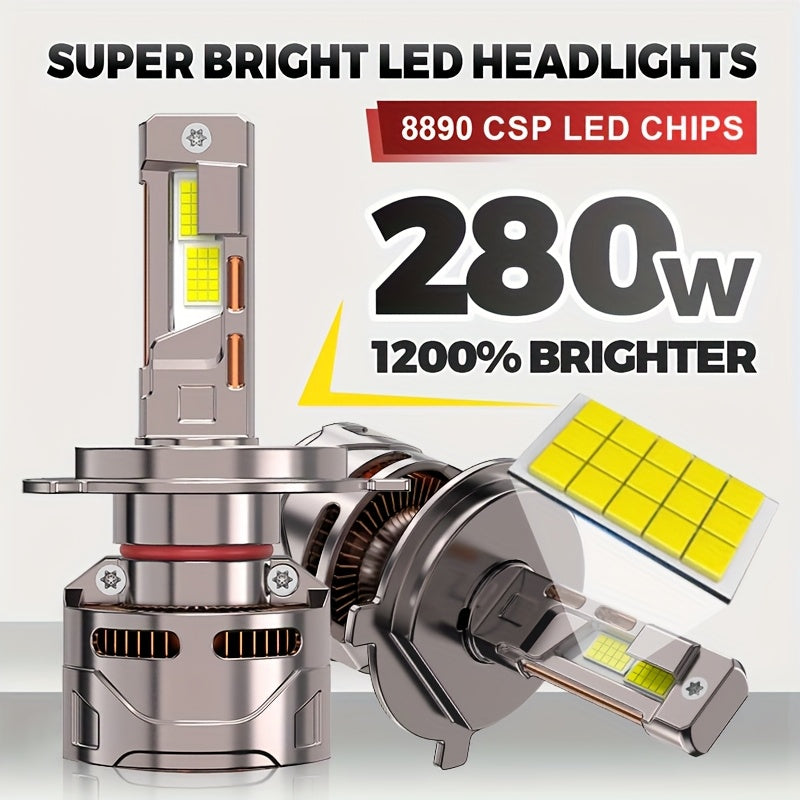 2-Pack External Driver Canbus Plug-and-Play Super Bright LED Car Headlight Bulbs, Compatible with H4/9003/HB2-B010 9005 9006 9012 H8 H9 H11 H16 Models, 280W 1200% Brightness 8890 CSP 12V/24V